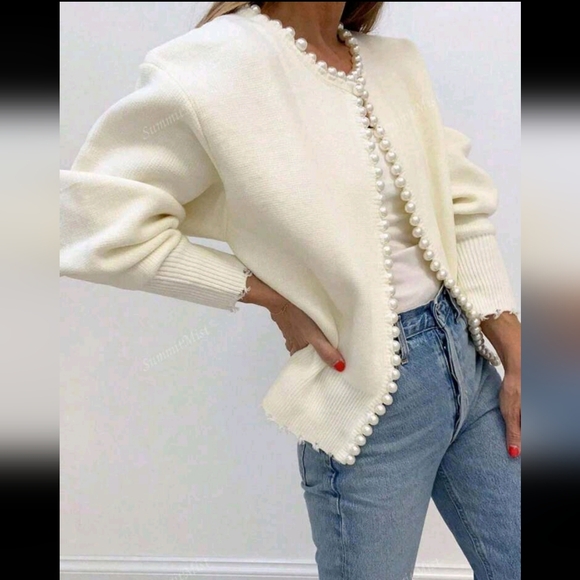 Solid Color Cardigan With Pearl Trimmed Distressed Hem, Long Sleeve Wool - Picture 3 of 5